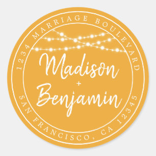 Pegatina Redonda Rústico Fairy Lights Mellow Yellow Return Address