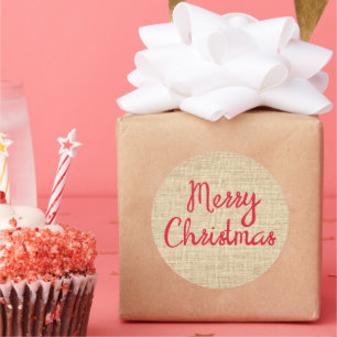Pegatina Redonda Rústico Feliz Navidad Burlap Imprimir rojo y Tan