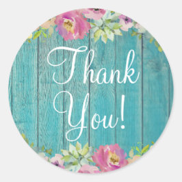 Pegatina Redonda Rústico Floral Blue Wood Baby Shower Gracias