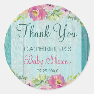 Pegatina Redonda Rústico Floral Blue Wood Baby Shower Gracias