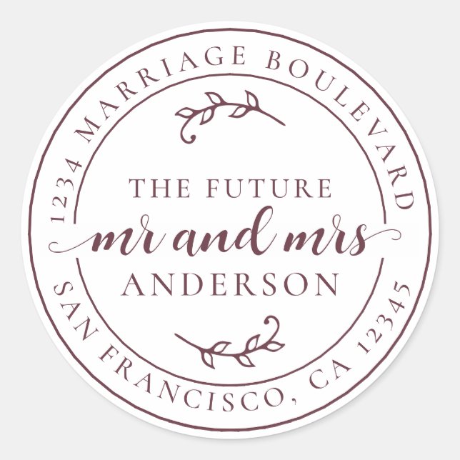 Pegatina Redonda Rústico Futuro Sr. Burgundy Dirección de Retorno (Anverso)