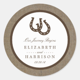 Pegatina Redonda Rústico Herradura Del País En El Boda Burlap