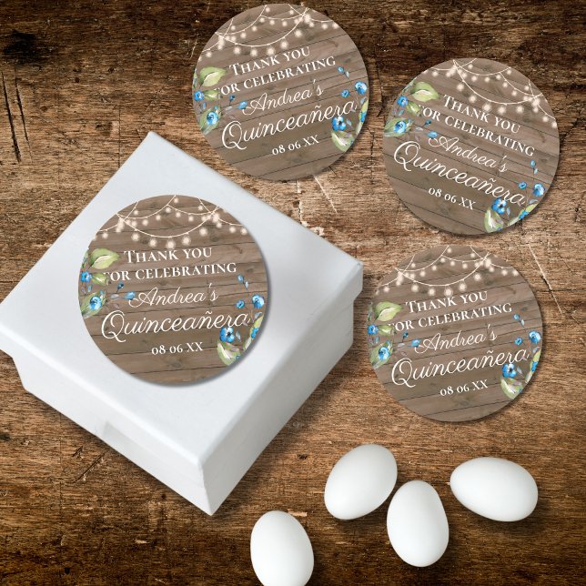 Pegatina Redonda Rústico hilo floral azul de las luces Quinceañera (Subido por el creador)