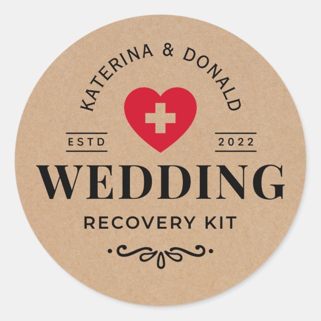 Pegatina Redonda Rústico Kraft Boda Hangover Recovery Kit Classi (Anverso)