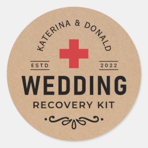 Pegatina Redonda Rústico Kraft Boda Hangover Recovery Kit Classi