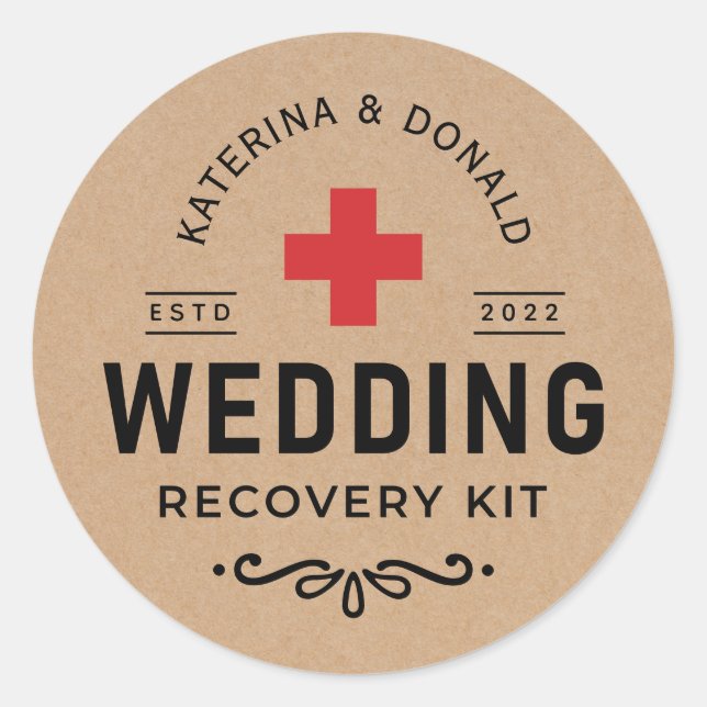 Pegatina Redonda Rústico Kraft Boda Hangover Recovery Kit Classi (Anverso)