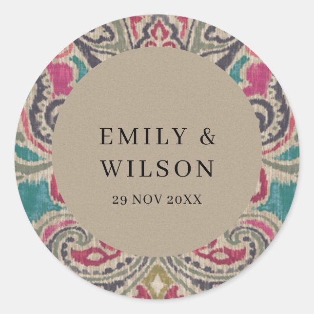 PEGATINA REDONDA RÚSTICO KRAFT BOHO TRIBAL IKAT BODA VERDE AZULADO  (Anverso)