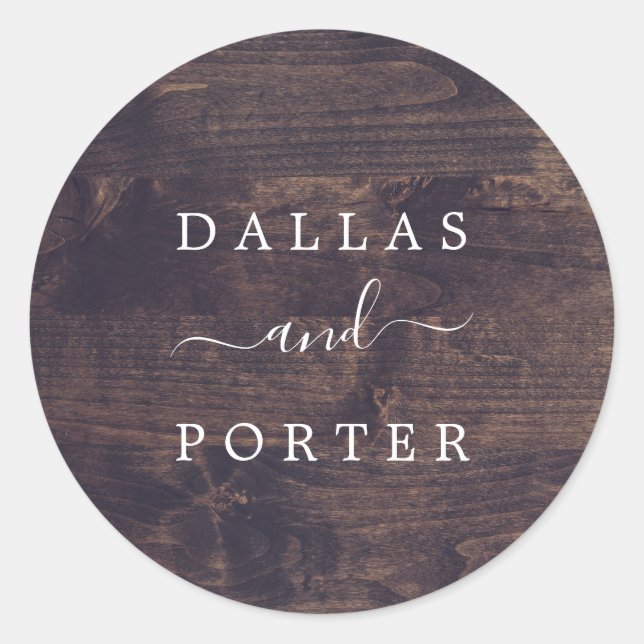 Pegatina Redonda Rústico minimalista | Sobre Boda de madera (Anverso)