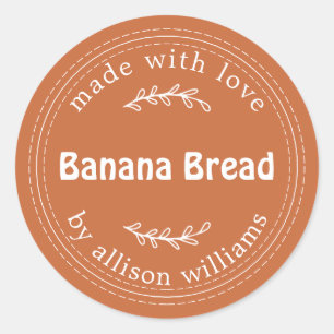 Pegatina Redonda Rústico Naranja de quemado de pan bananero casero