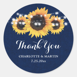 Pegatina Redonda Rústico Navy Blue Burlap Sunflower Wedding Favor