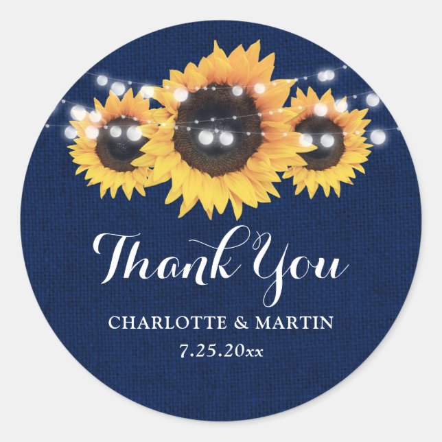Pegatina Redonda Rústico Navy Blue Burlap Sunflower Wedding Favor (Anverso)