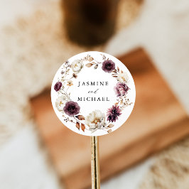 Pegatina Redonda Rústico Otumn Marsala Boda de guirnaldas florales