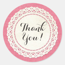 Pegatina Redonda Rústico país encaja Doily en rosa caliente gracias