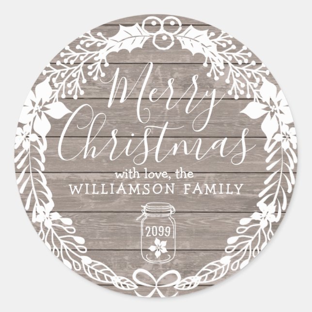 Pegatina Redonda Rústico País Feliz Navidad Blanca Holly Wreath (Anverso)