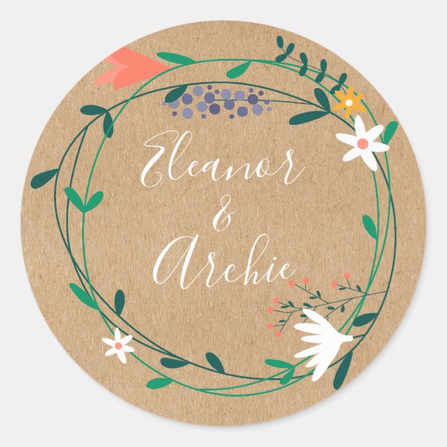 Pegatina Redonda Rústico país Floral Garland Wedding favor (Anverso)