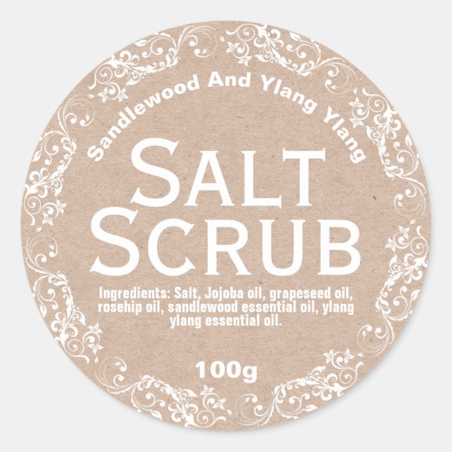 Pegatina Redonda Rústico País Kraft Salt Scrub Labs (Anverso)