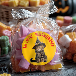 Pegatina Redonda Rústico Rojo Y Naranja Kitten Bruja Halloween