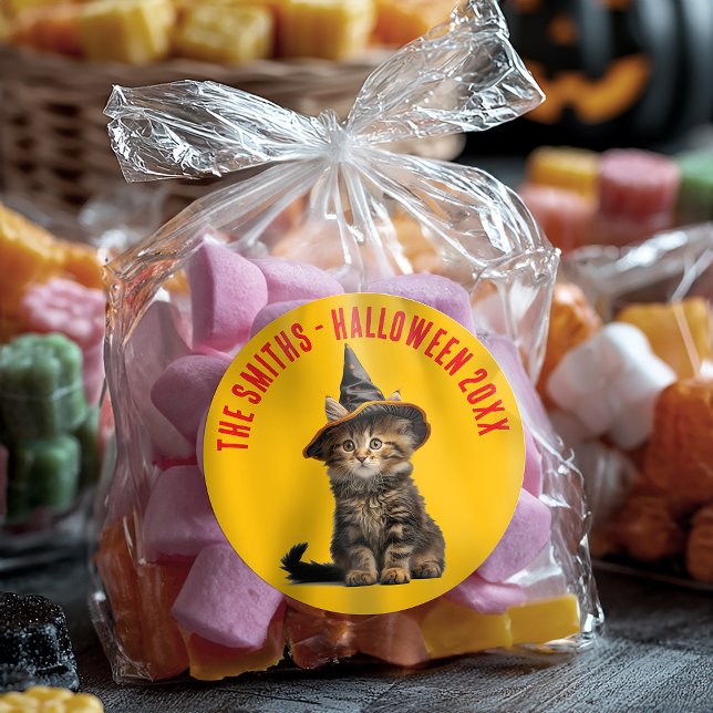 Pegatina Redonda Rústico Rojo Y Naranja Kitten Bruja Halloween (Subido por el creador)