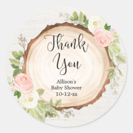 Pegatina Redonda Rústico rosa beis crema floral rebanada de madera