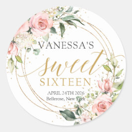 Pegatina Redonda Rústico rubor rosa rosas eucalipto dulce dieciséis