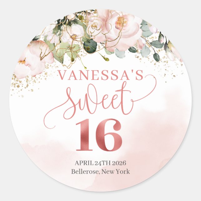 Pegatina Redonda Rústico rubor rosa rosas eucalipto dulce dieciséis (Anverso)