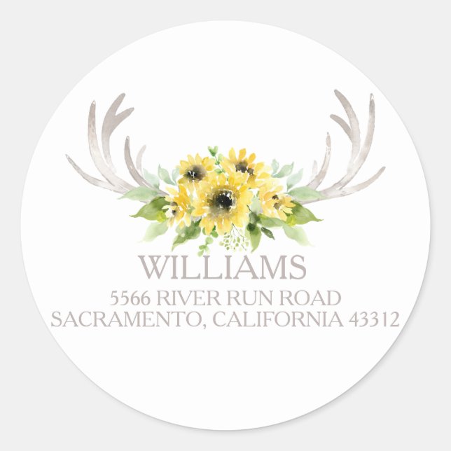 Pegatina Redonda Rústico Sunflowers Deer Antlers Regreso Dirección (Anverso)