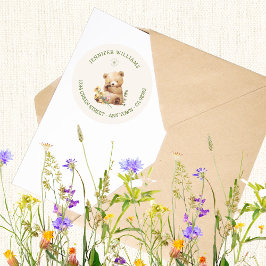 Pegatina Redonda Rústico Teddy Bear Floral Baby Shower