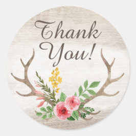 Pegatina Redonda Rústico venado Antler Bohemian Floral Wood Gracias