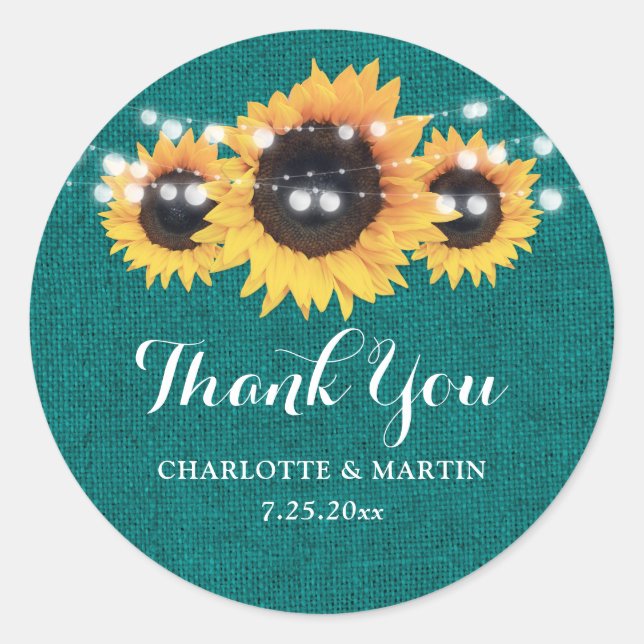 Pegatina Redonda Rústico Verde azulado Burlap Sunflower Wedding Fav (Anverso)