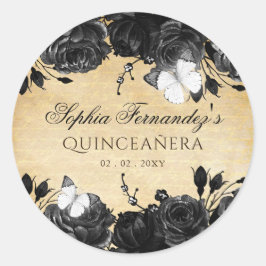Pegatina Redonda Rústico Vintage Floral Negro Mariposa   