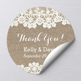 Pegatina Redonda Rústico Vintage Lace & Burlap Wedding Favor