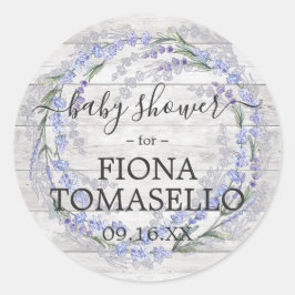 Pegatina Redonda Rústico Wood Lavender Floral Wreath Baby Shower