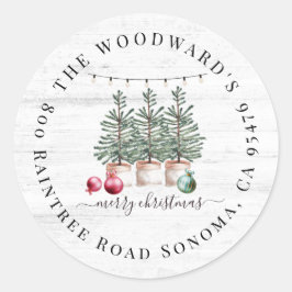 Pegatina Redonda Rústicos árboles de Navidad devuelven dirección Pe