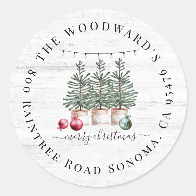 Pegatina Redonda Rústicos árboles de Navidad devuelven dirección Pe (Anverso)
