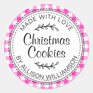 Pegatina Redonda Rústicos Navidades caseros cocina Neon Pink Check