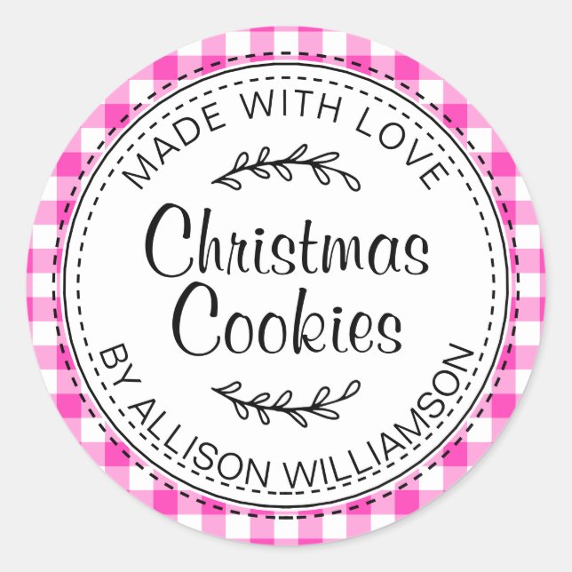 Pegatina Redonda Rústicos Navidades caseros cocina Neon Pink Check (Anverso)