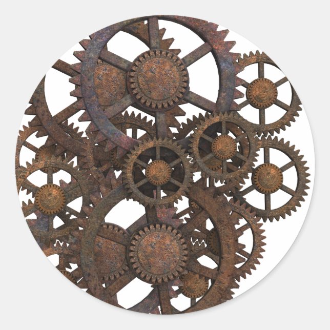 Pegatina Redonda Rusty Steampunk Metalizado Gears (Anverso)