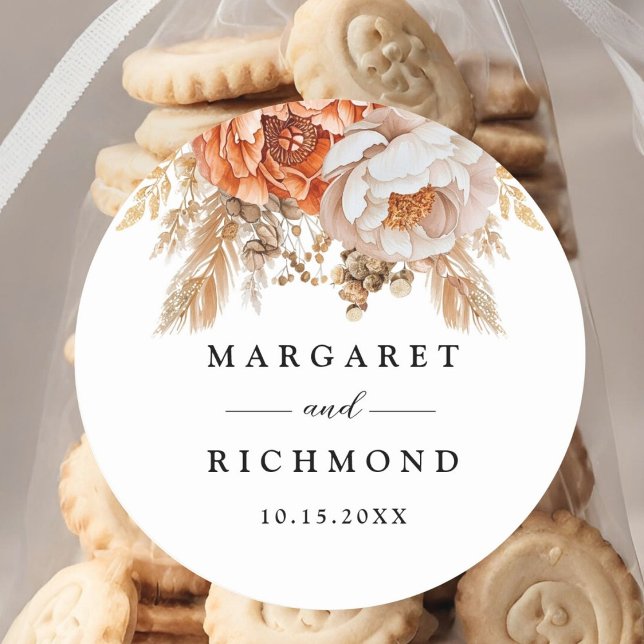 Pegatina Redonda Rusty Terracotta Peony Boda Floral (Subido por el creador)