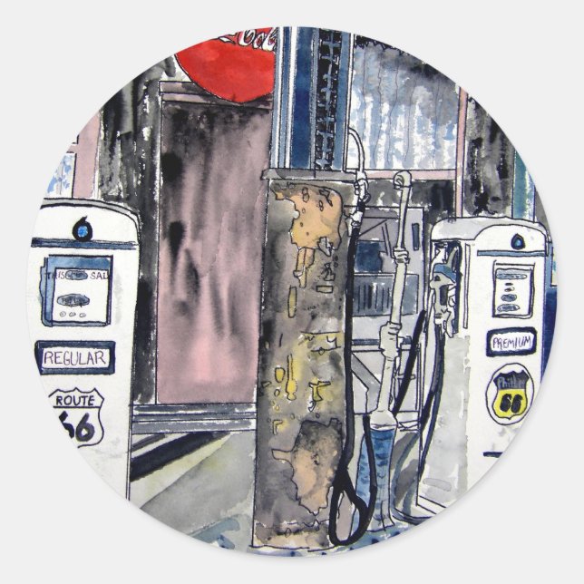 Pegatina Redonda ruta 66 gasolinera arte vintage (Anverso)
