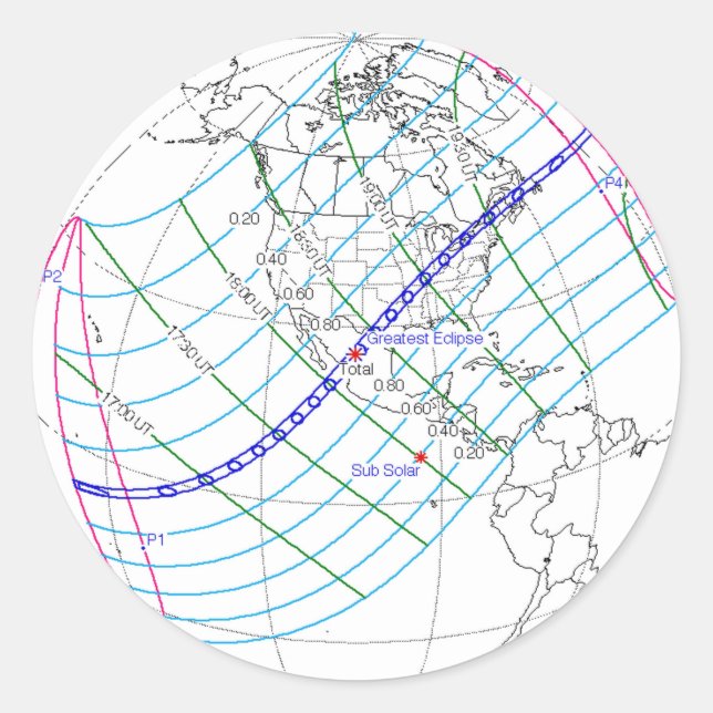 Pegatina Redonda Ruta mundial total del eclipse solar 2024 (Anverso)