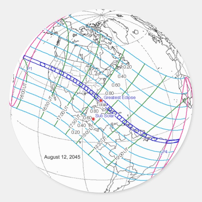 Pegatina Redonda Ruta mundial total del eclipse solar 2045 (Anverso)