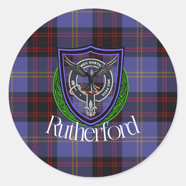 Pegatina Redonda Rutherford Scottish Clan Tartan & Crest (Anverso)