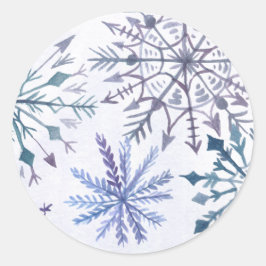 Pegatina Redonda Rutic Watercolor Snowflakes Blue Winter Wedding