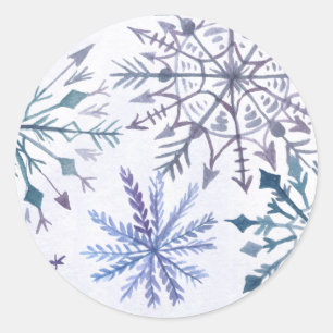 Pegatina Redonda Rutic Watercolor Snowflakes Blue Winter Wedding