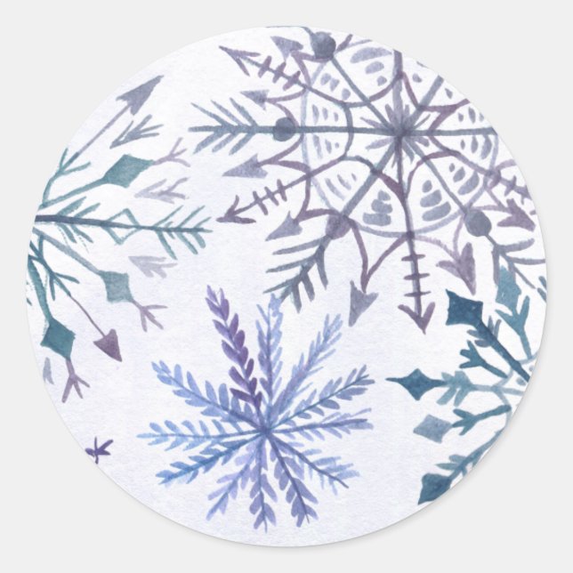 Pegatina Redonda Rutic Watercolor Snowflakes Blue Winter Wedding (Anverso)