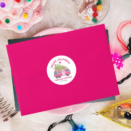 Pegatina Redonda RV rosa de la granja de árboles navideños Malibu C