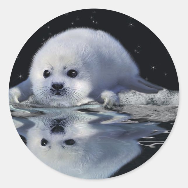 Pegatina Redonda S.O.S. Salven nuestro Harp Seals (Anverso)