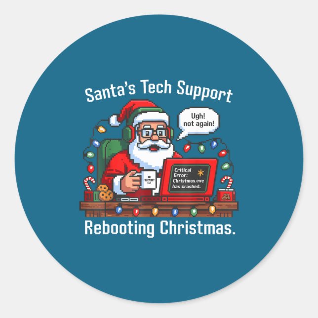 Pegatina Redonda s Rebooting Tech Support Santa (Anverso)