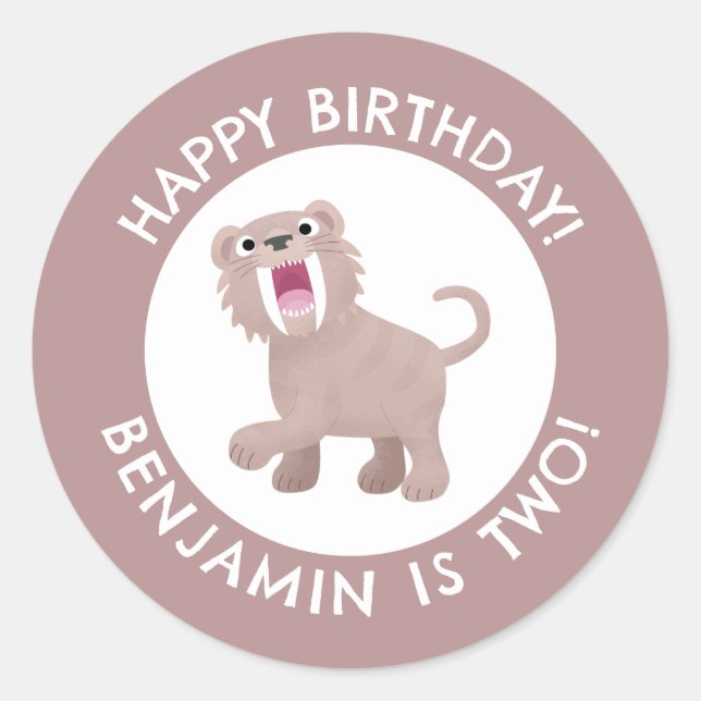 Pegatina Redonda Saber Toothed Tiger Smilodon cumpleaños personaliz (Anverso)