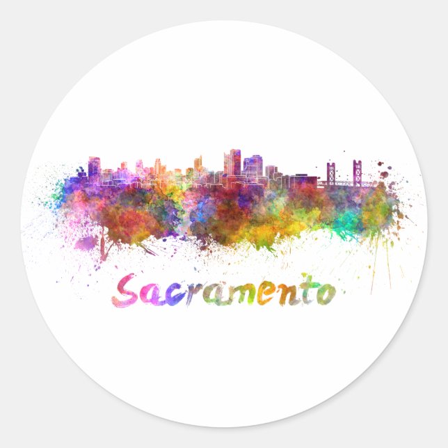 Pegatina Redonda Sacramento skyline in watercolor (Anverso)